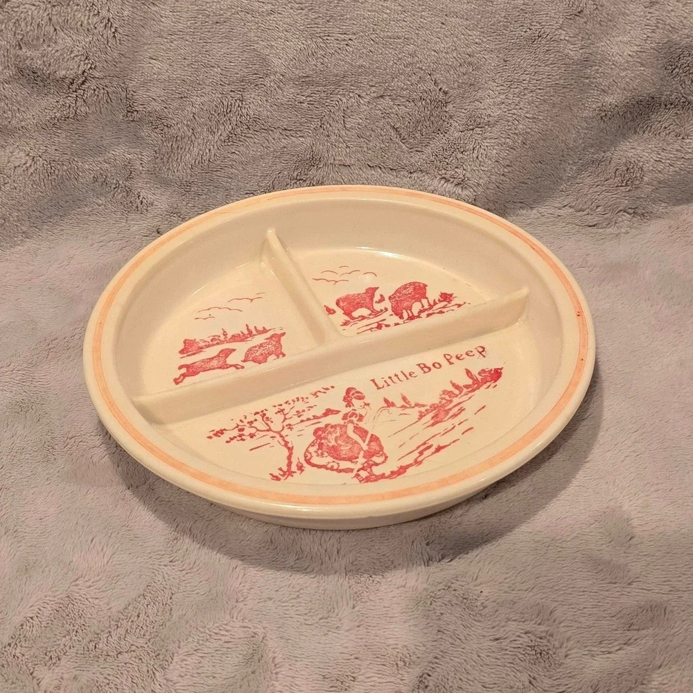 Vintage Vitrock‎ Uranium Glass Little Bo Peep Divided Child Plate Red Transfer